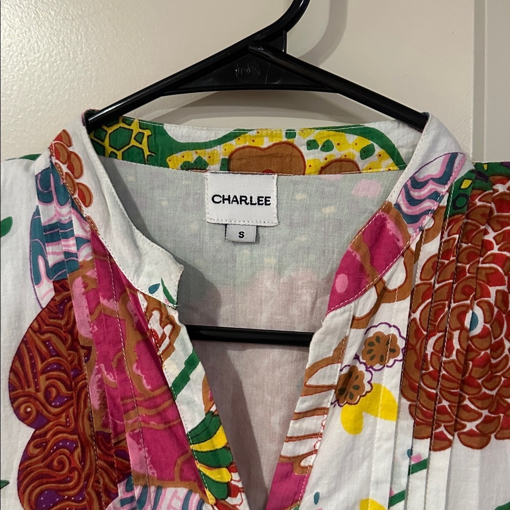 Charlee Floral V-Neck Cotton Dress in White with Multicolor Blooms - Picture 2 of 4